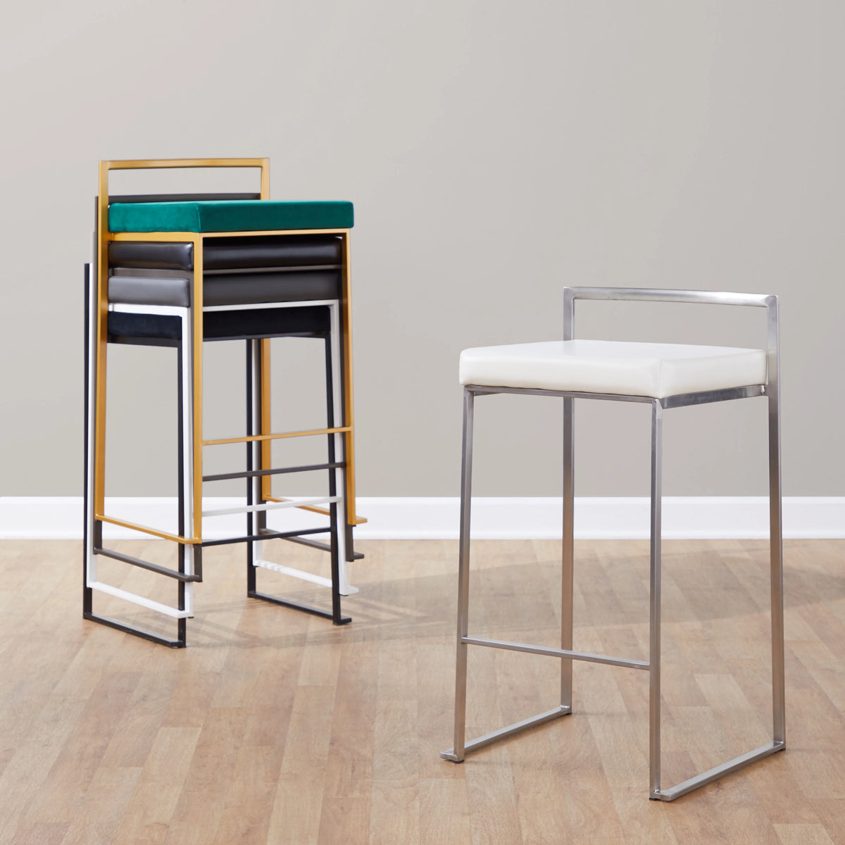 White Stackable Counter Stool with Faux Leather Cushion, Set of 2 Y903