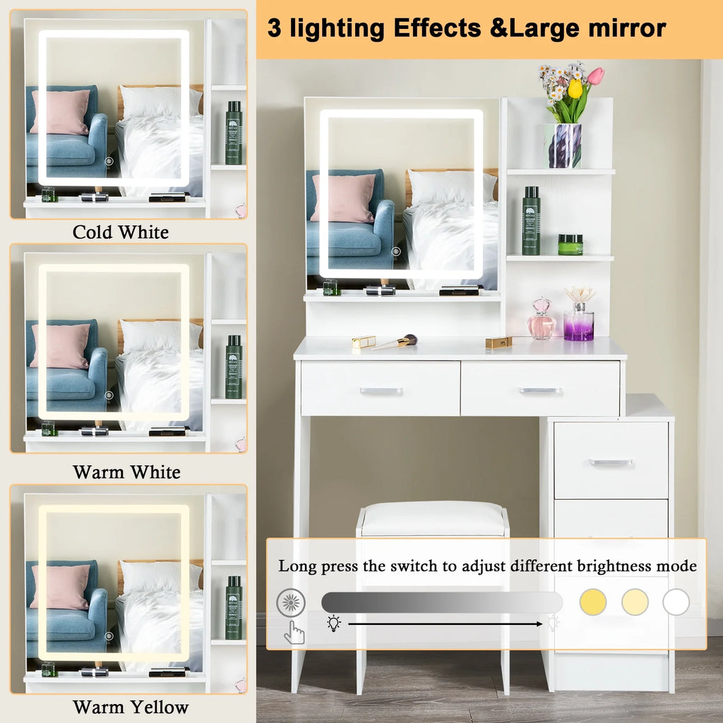 White Vanity Set with Lighted Mirror, Drawers and Stool U29323