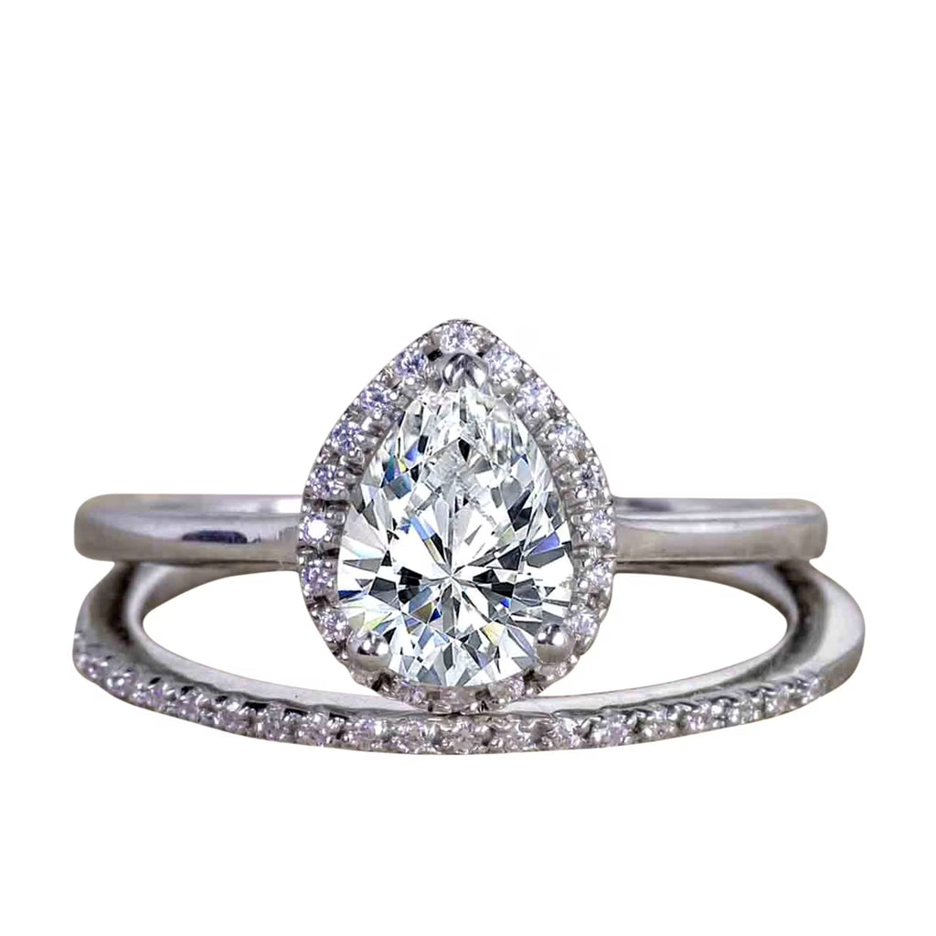Pear Cut Moissanite and Diamond Halo Wedding Ring Set in White Gold B54816