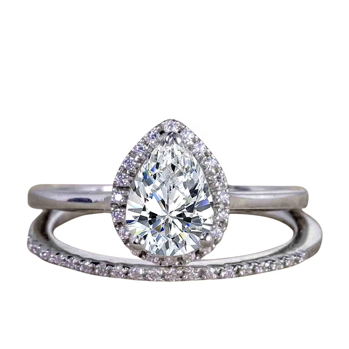 Pear Cut Moissanite and Diamond Halo Wedding Ring Set in White Gold B54816
