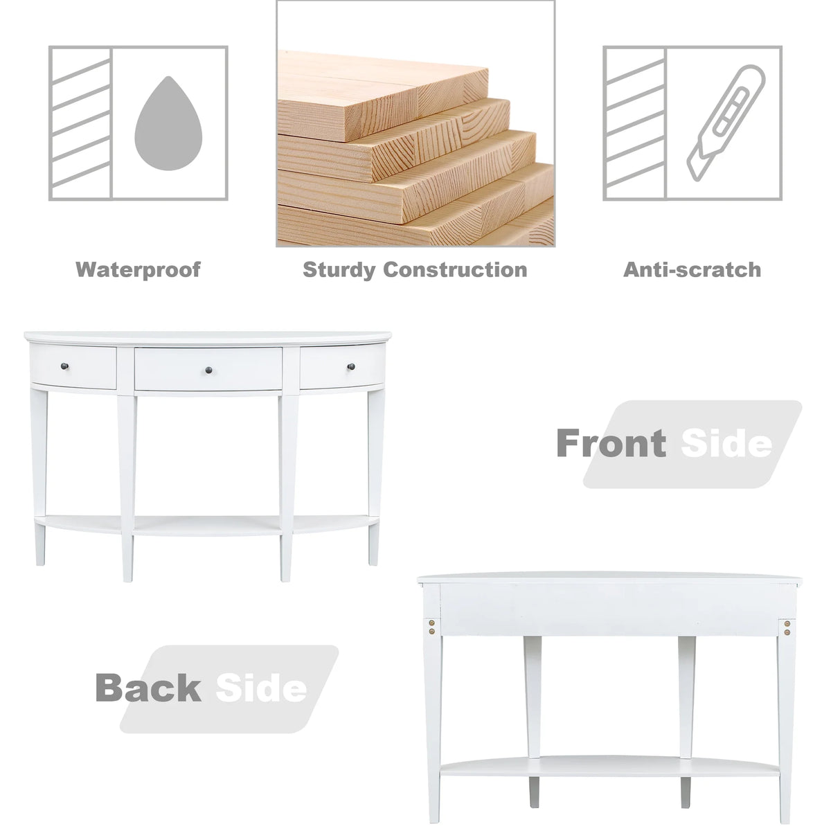 White Curved Console Table with 3 Drawers and Bottom Shelf X30833