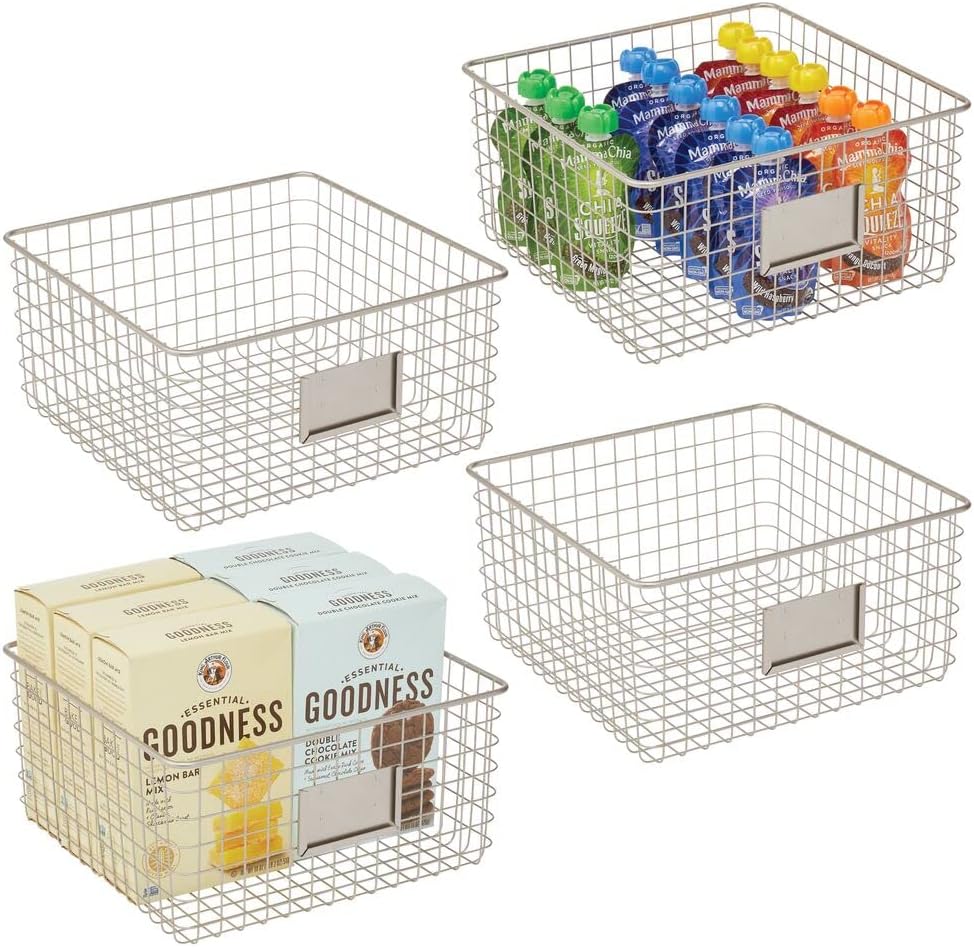Bronze Metal Wire Food Organizer Storage Bin Basket with Label Slot, 4 Pack J53687