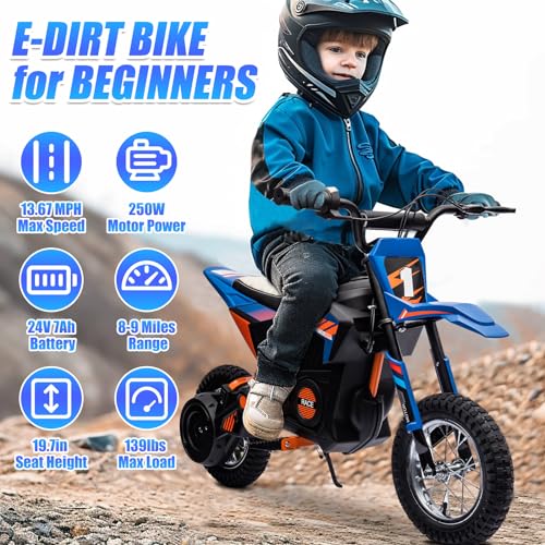 24V Electric Dirt Bike for Kids with Pneumatic Knobby Tires, Blue O31376