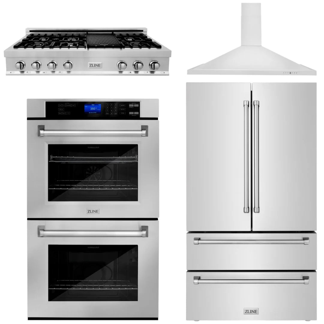48 In. Rangetop, Range Hood, Refrigerator, and Double Wall Oven in Stainless Steel I130