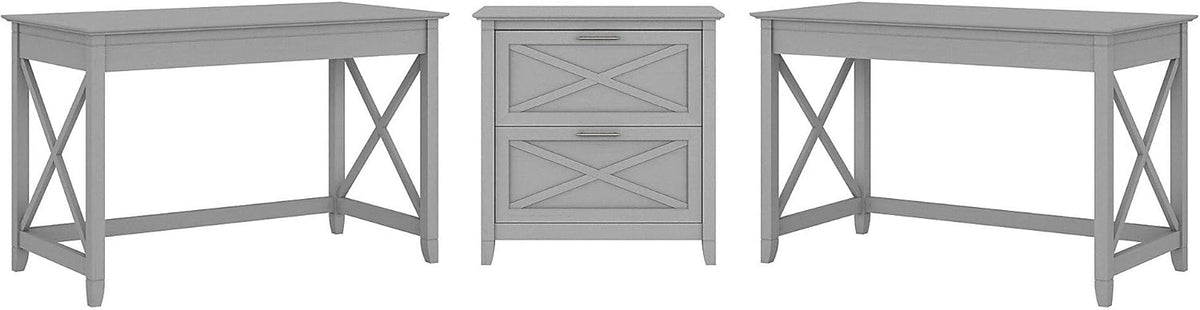 2 Person Desk Set with Lateral File Cabinet, Dark Gray Hickory T4923