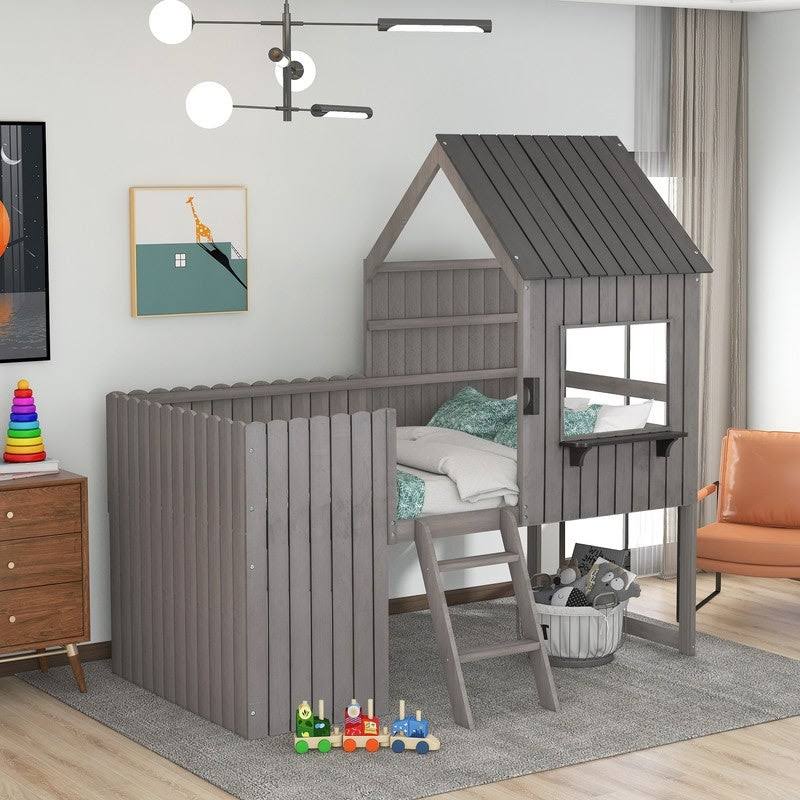 Twin Wood Loft Bed with Guardrail and Ladder P97632