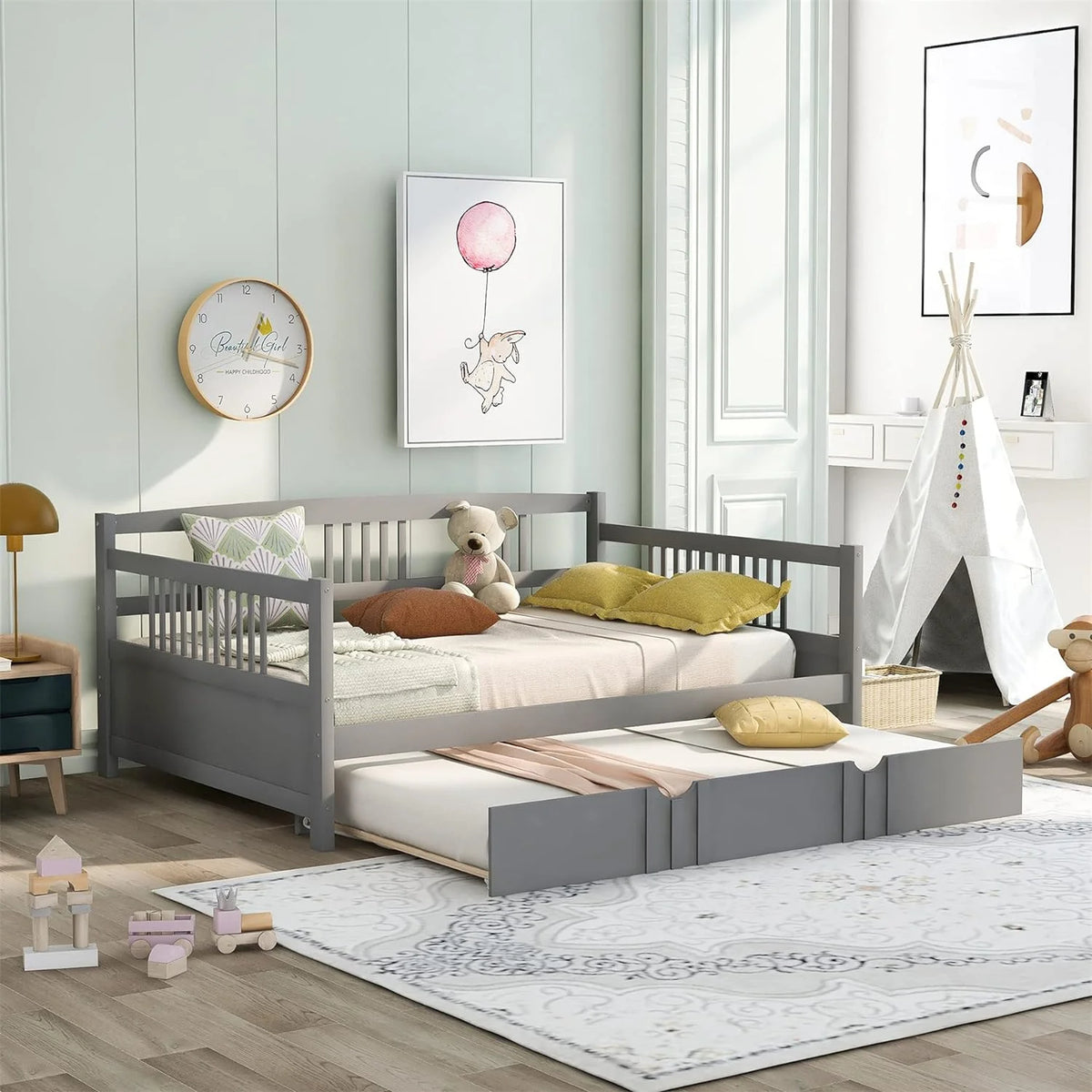 Grey Full Size Wood Daybed with Trundle T18400